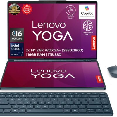 LAPTOP LENOVO YOGA BOOK 9 14IAH10/CORE ULTRA 7 255H  2.0 GHZ/16GB/1TB SSD/CON IA/14 2 PANTALLAS OLED 2.8K/360°/CON PLUMA Y FOLIO/TECLADO RETROILUMINADO/COLOR AZUL VERDOSO MAREAL/WIN 11 HOME/1YCS