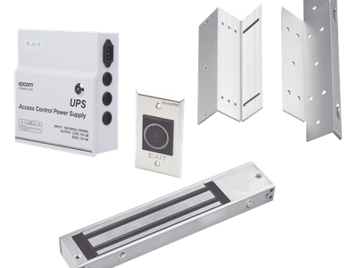 Kit de Control de Acceso / Fuente 12 VCD 5A con Respaldo / Chapa Magnética 600 lbs / Botón Sin Contacto / Montajes L y Z