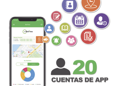 Licencia Móvil de Asistencia / 20 Usuarios / Checada con GPS y Fotografía / Operación Dual / Integración BioTimePro