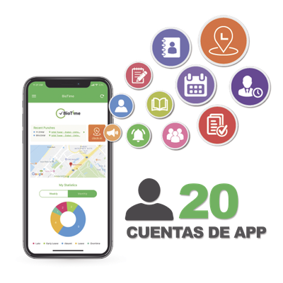 Licencia Móvil de Asistencia / 20 Usuarios / Checada con GPS y Fotografía / Operación Dual / Integración BioTimePro
