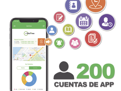 Licencia de Asistencia Móvil / 200 Usuarios / App Smartphone / GPS y Fotografía / Integración BioTime Pro