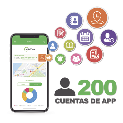 Licencia de Asistencia Móvil / 200 Usuarios / App Smartphone / GPS y Fotografía / Integración BioTime Pro